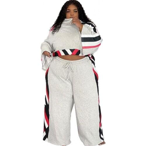 Plus Size Women 2 Piece Sets 4XL 5XL Flare Sleeve Crop Tops And Sweatpant Suit Autumn New Splice Casual Tracksuit Women Set 2021