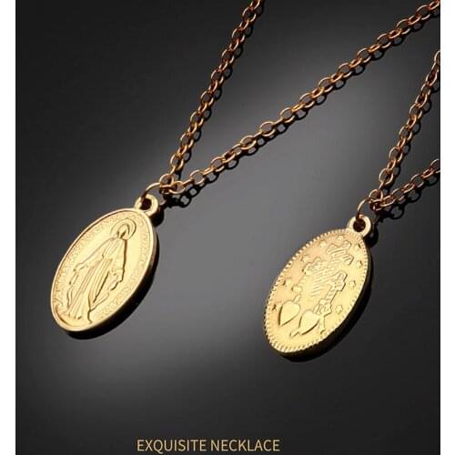 Golden Stainless Steel Medalla Virgin Mary Necklace For Women Metal Virgen Maria Cross Medallion Choker Medallas Collier