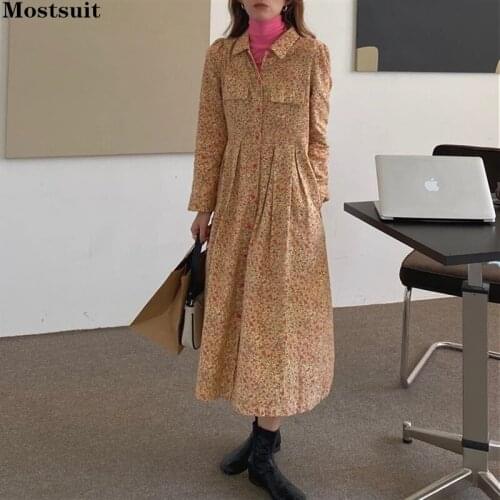 Spring Autumn Elegant Floral Shirt Dress Women Long Sleeve Turn Down Collar Pockets Single Breasted Korean Dresses Ropa Mujer