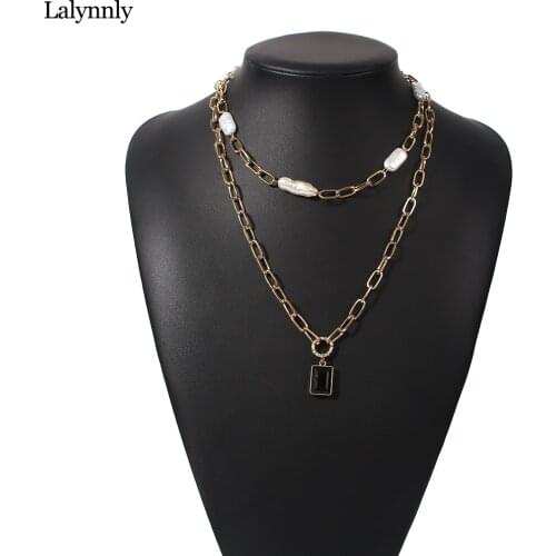 Lalynnly Fashion Black Glass Drill Pendants Necklaces Simulated Pearl Necklace For Women Girls Trendy Jewelry Accessories N7664