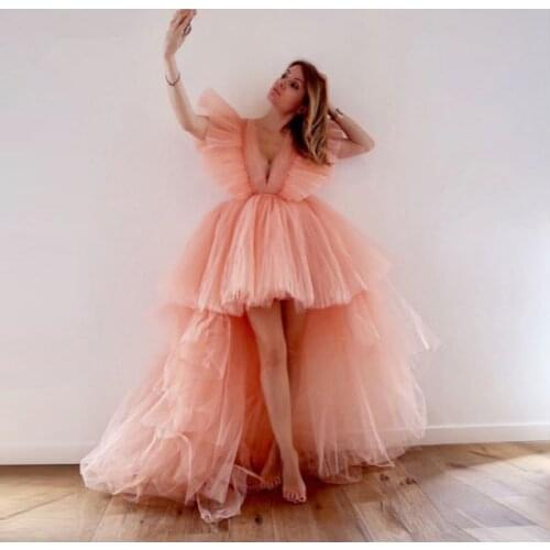 Pretty Peach Sexy Deep V-neck Party Dresses High Low Tulle Evening Dresses Ruffles Fashion Long Tutu Prom Gowns 2021
