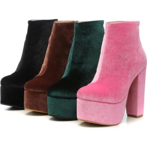 Winter woman velvet high platform chunky heel boots colorful velvet thick high heel platform ankle boots woman winter boots