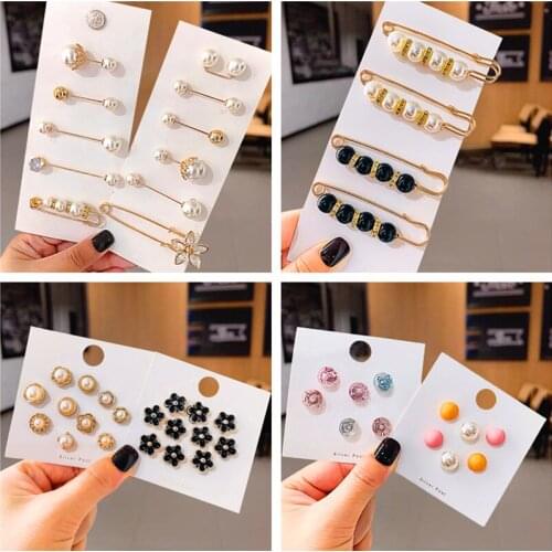 12Pcs Brooch Set Fashion Acrylic Pearls Brooches for Women Flower Crystal Lapel Pin Sweater Dress Pins Badge Buckle Jewelry New