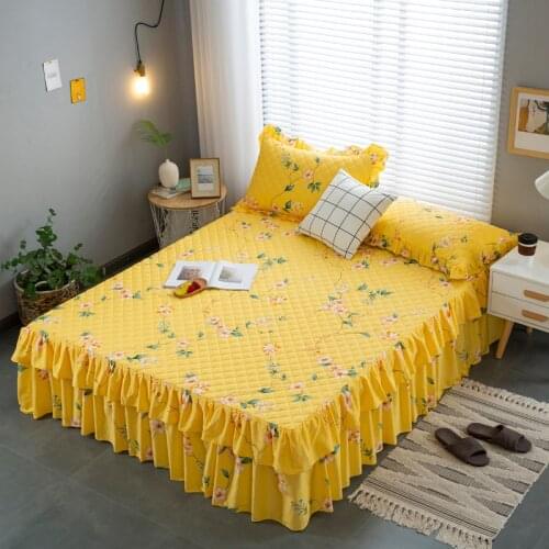 2021 Bed Skirt Or Pillowcase Yellow Flower Bed Cover Decor Bedspread Cotton Quilted Double Lace Bedclothes Full Home Textile