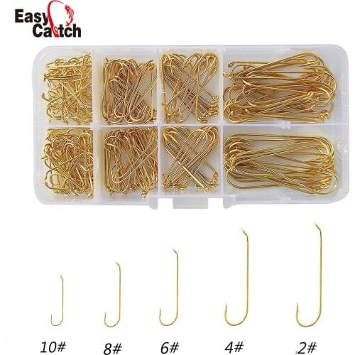 230pcs/Box 79580 High Carbon Steel Fishing Hooks Gold Color Long Shank Dry Fly Tying Fishing Hook For Jig Set With Box