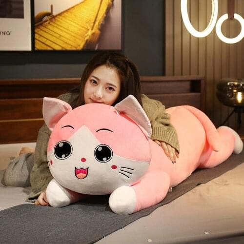 80-130cm Pink/Gray Cats Plush Toys Cute Stuffed Animal Pillow Cushion Lying Doll Childrens Kids Baby Christmas Presents
