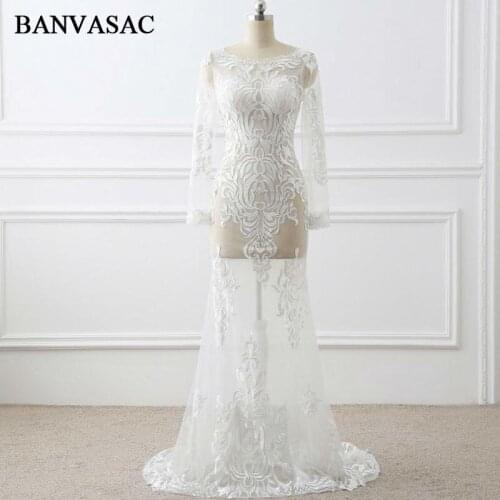 BANVASAC 2017 New A Line Elegant Embroidery O Neck Wedding Dresses Lace Full Sleeve Satin Sweep Train Bridal Gowns