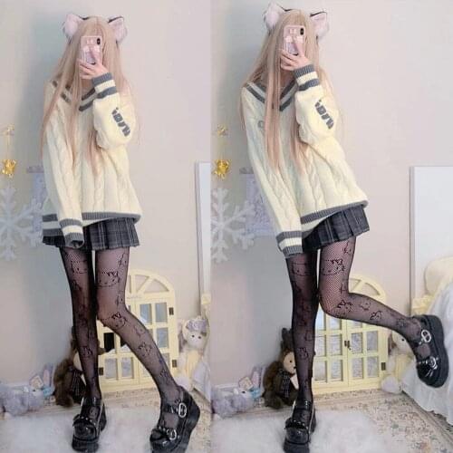Punk hot girls black pantyhose cat cat pattern fishnet stockings ins style womens pantyhose white cat fishnet stockings