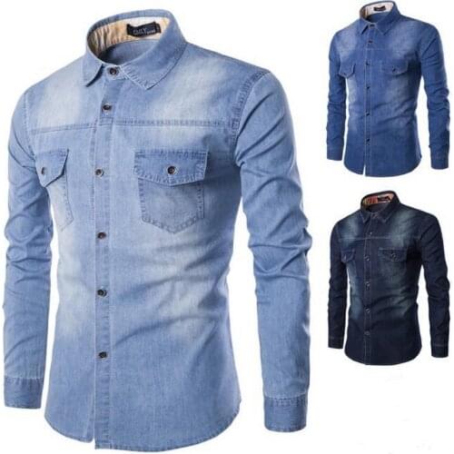 Mens Denim Shirt Men Two-pocket Denim Clothing Men Jean Shirts European Size High Quality Mens Washed Denim Long Sleeve Shirts