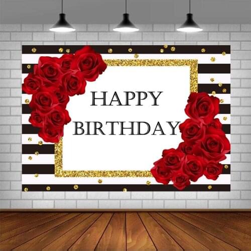 Happy Birthday Backdrop Black and White Stripes Red Rose Party Photography Gold Dots Birthday Party Decorations Supplies Banner
