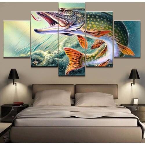 Framed Canvas Pictures Home Decor 5 Pieces Animal Fishing Hooked Pike Fish Paintings Prints Vintage Poster Living