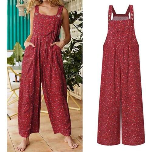 Summer Vintage Jumpsuit Women Floral Prints Jumpsuit Straps Wide Leg With Pockets Button Bodysuit Combinaison Femme боди женское