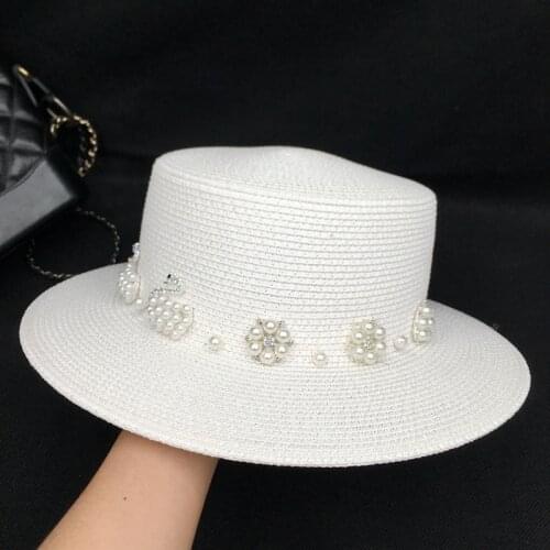 Summer aristocratic temperament white pearl fashion leisure sun hat flat straw hat