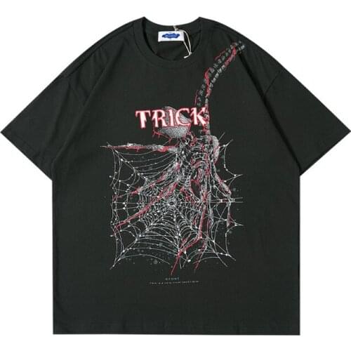 Summer New Street Personality Fashion Brand Spider Hunting Printing Loose Short Sleeve T-shirt For Men