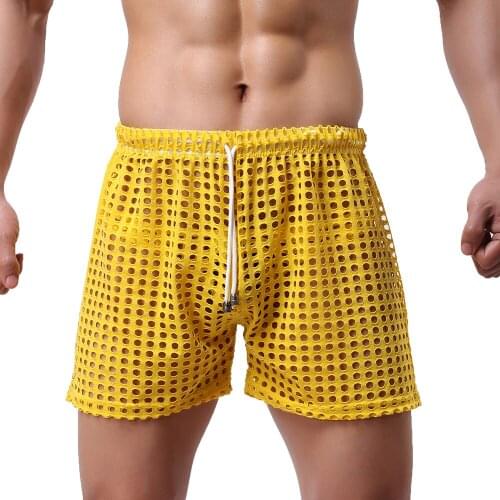 Mens Beach Wear Mesh Fishnet Boxer Shorts Pants Swimming Board Shorts Running Loose Casual Trunks See Through Sleep Bottoms 2XL