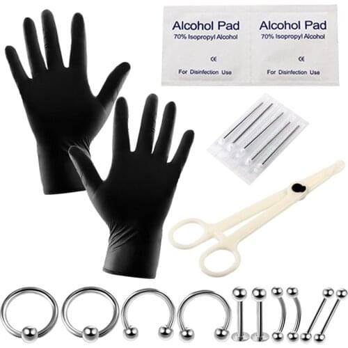 20pcs Body Piercing Tools Kit Clamp Gloves Needles Belly Ring Earring Cartilage Nose Tongue Piercings Body Jewelry
