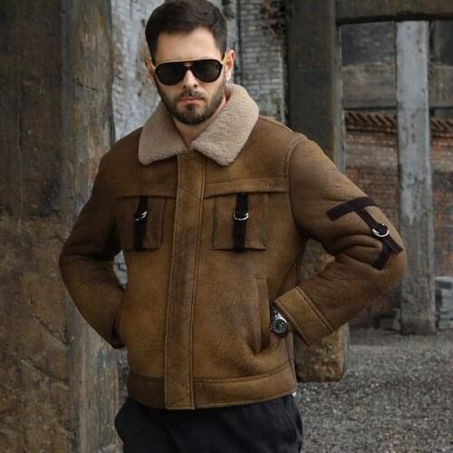 New Mens Shearling Jacket B3 Bomber Jacket Short Fur Coat Brown Leather Jacket Mens Wool Coat Motorcycle jacket