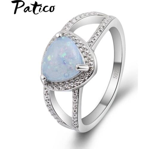 Triangle White/Blue Fire Opal Stone Wedding Rings For Women 925 Sterling Silver Filled CZ Stone Engagement Ring