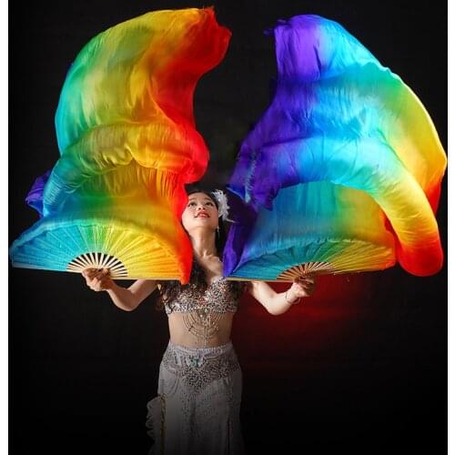 100% Silk Stage Performance Props 1 Pair Dance Silk Fans 180cm Long Silk Veils Rainbow Belly Dance Veils Fans
