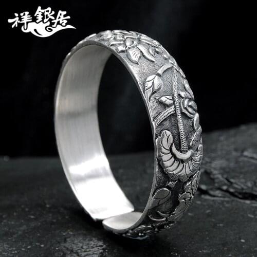 Silver in yunnan handmade silver s999 fine silver bracelet embossment high silver bracelet lotus pond moonlight