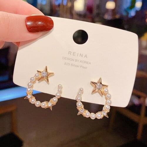 XIYANIKE Gold Color Stars Rhinestone Stud Earrings Simple Semicircle Pearl Earrings 2021 Female Fashion Jewelry Ear Accessories