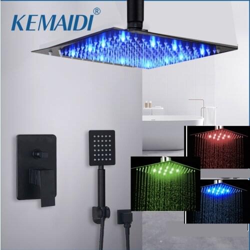KEMAIDI Bathroom Shower Faucet Set Black Brass 8/16 LED Cold and Hot Mixer Tap W/ Waterfall 2-Functions Rainfall Shower Head