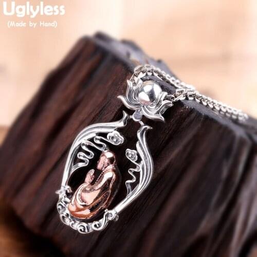 Uglyless Praying Monk Meditate Religious Pendants for Men Thai Silver Lotus Necklace NO Chain 925 Silver Buddhistic Jewelry P873