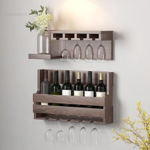 Simple Bar Wine Cabinet Black Walnut Solid Wood Wall Hanging Wine Rack Wood Modern Simple Wall Rack Nordic Hanging Cup Holder