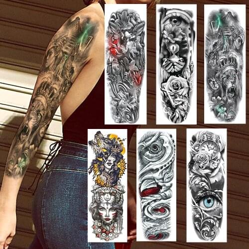 Full Arm Lion King Military Warrior Temporary Tattoos For Men Women Body Art Large Sleeve Tatoo Fake Evil Eyes Flower Wolf Tatoo