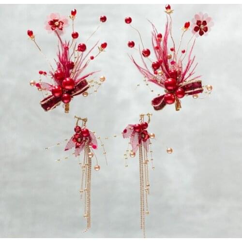 Chinese Style Red Crystal Beads Hair Clip Wedding Hair Jewelry Bridal Hairwear Handmade Flower Hair clips Earrings For Bride