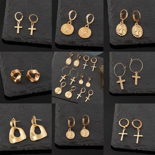 Vintage Geometry Hoop Earrings For Women Gold Stainless Steel Metal Drop Earrings Brincos 2021 Trendy Earings Jewelry