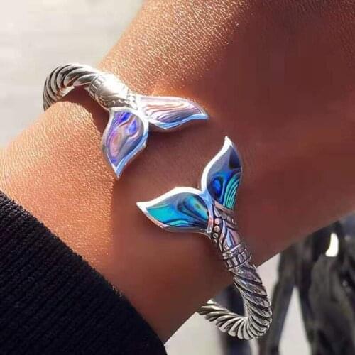 Abalone Shell and Fish Tail Bangle Bracelet Silver Gradient Color Bracelet Adjustable Open Durable Womens Bracelets