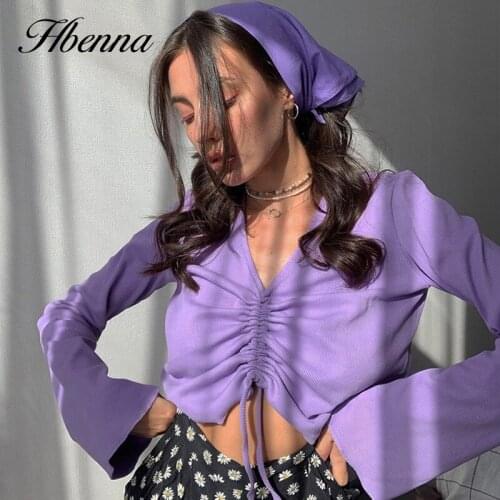 Hbenna V-Neck Flare Sleeve Cropped Top Women Slim Sexy Drawstring Ruched Eleagnt Fashion 2021Autumn Casual Solid Basic Tee Women