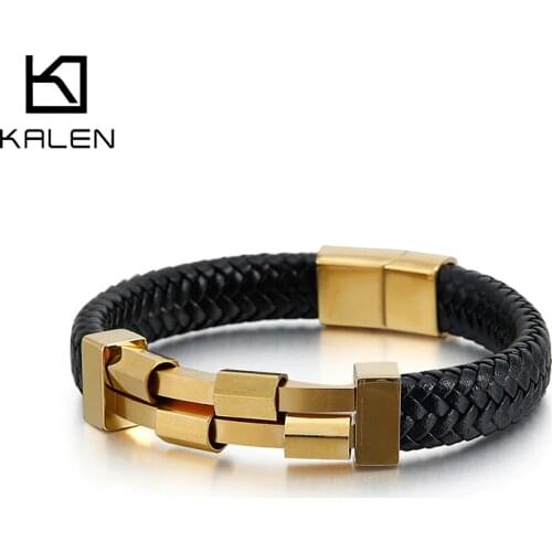KALEN Gold/ Double Layer Stainless Steel Bangles Men Hiphop/Rock Cowhide Leather Bracelets For Men Jewelry