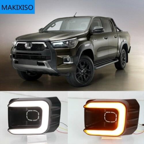 12V LED DRL Daytime Running Light For Toyota Hilux Revo 2020 2021 Waterproof Yellow Turn Signal Indicator Light Bumper fog lam