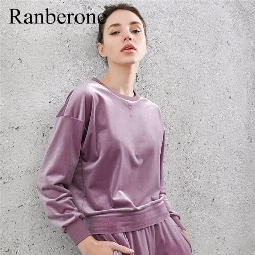 Ranberone Velvet Long Sleeved Sweatshirt Women Sports Running Pullover Sportswear Round Neck Jogging Tops Solid Tracksuit