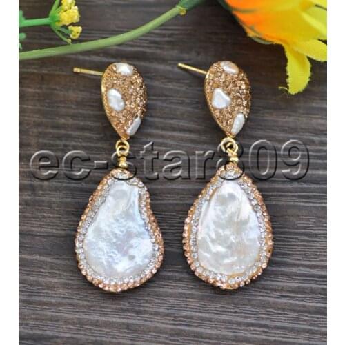 P7507 27mm White Baroque Coin Pearl CZ Dangle Earrings