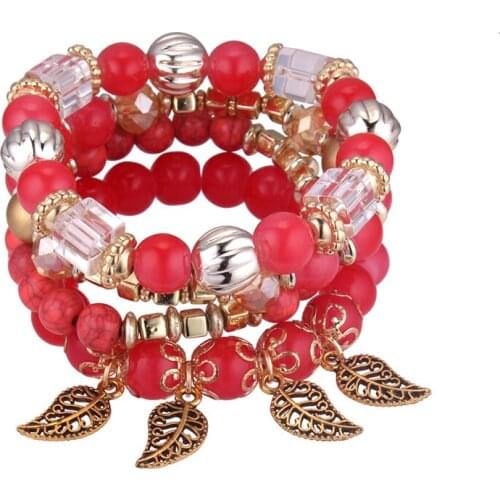 Ethnic Colourful Crystal Beaded Bracelets & Banglets For Women Fashion Multi-layer Leaf Bracelet 4pcs/Set Bohemian Jewelry Gift