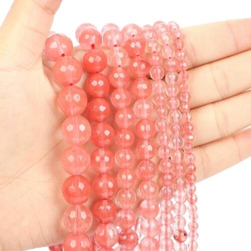 Natural Stone Beads Cut Surface Pink Watermelon Stone Loose Beads for Jewelry Making Needlework DIY Bracelet Strand 4-12 MM