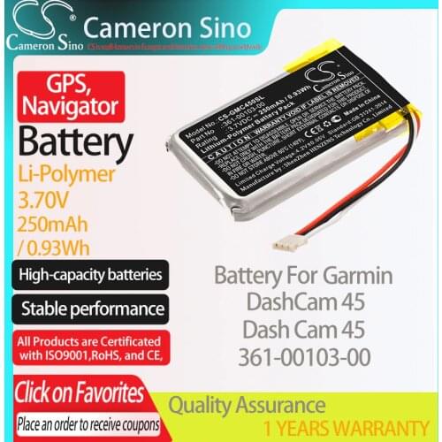 CameronSino Battery for Garmin DashCam 45 Dash Cam 45 fits Garmin 361-00103-00 GPS, Navigator battery 250mAh 3.70V Li-Polymer