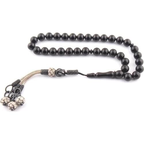 Natural Jet Stone Prayer Bead With Silver Tassel Men Rosary Islamic Tasbih With Kazaziye Tassel 1000 Sterling Silver