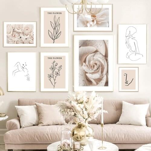 White Flower Rose Abstract Line Girl Leaf Wall Art Canvas Painting Nordic Posters And Prints Wall Pictures For Living Room Decor