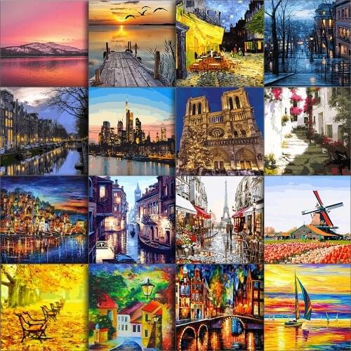 DIY Painting By Numbers A Corner Of Paris Venice On Water City Night Scene Sailboat Golden Leaves Beautiful Scenery