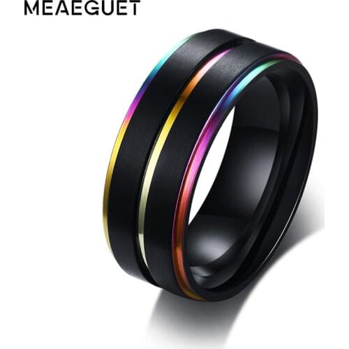 Meaeguet Trending Lucky Rainbow Rings For Men Daily Wear Stainless Steel Rings Gay Lesbian Wedding Bands 8mm USA Size