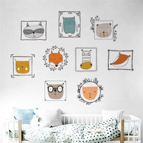 Lovely Animals Portrait in Photo Frames Wall Sticker for Kids Room Home Decor Diy Cartoon Safari Mural Art Wall Decal