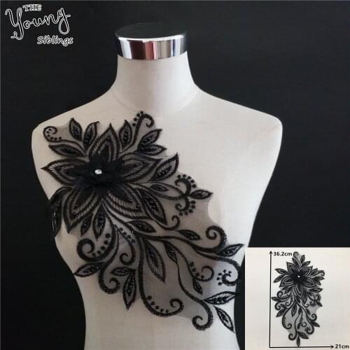 New arrive black 3D Flower Embroidery ABS pearl Lace Collar Fabric Applique DIY Tulle Lace Neckline Dresses Decorate Accessories