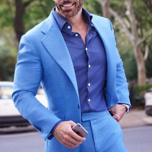 Slim Fit Casual Suits for Men 2021 Blue Wedding Groom Tuxedo 2 Piece Custom Male Fashion Costume Jacket with Pants