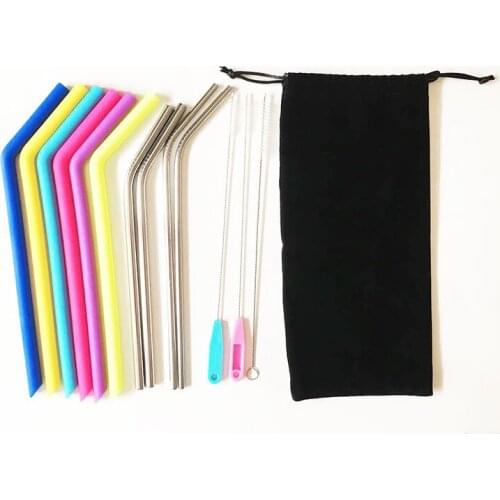 Wholesale 50 set/lot bent drinking straws 6 Food grade silicone straws + 2 stainless steel straw+3 brushes +1 black velvet bag