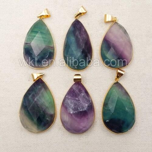 WT-P1081 Wholesale Beautiful Colorful fluorite pendant Unique Design Water Droplets Shaped Carved Fluorite jewelry