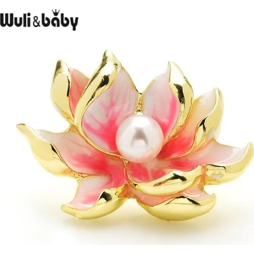 Wuli&baby Lotus Flower Brooch Pins Women Enamel 4-color Pearl Flower Brooches Jewelry Gifts